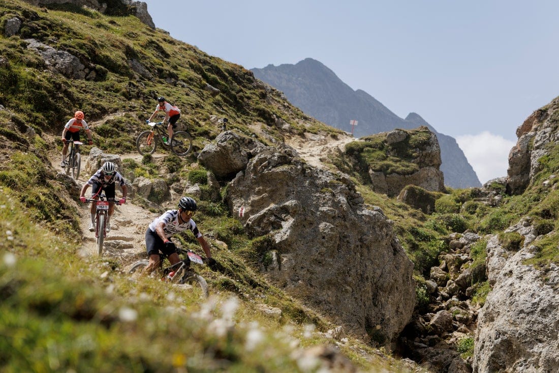 The technical, rocky descent down from the Albula Pass